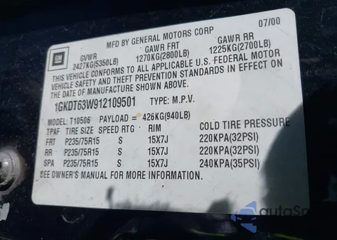 2001 GMC Jimmy Jde W/1Sh/1Sj из США, поврежденный, VIN 1GKDT63W912109501